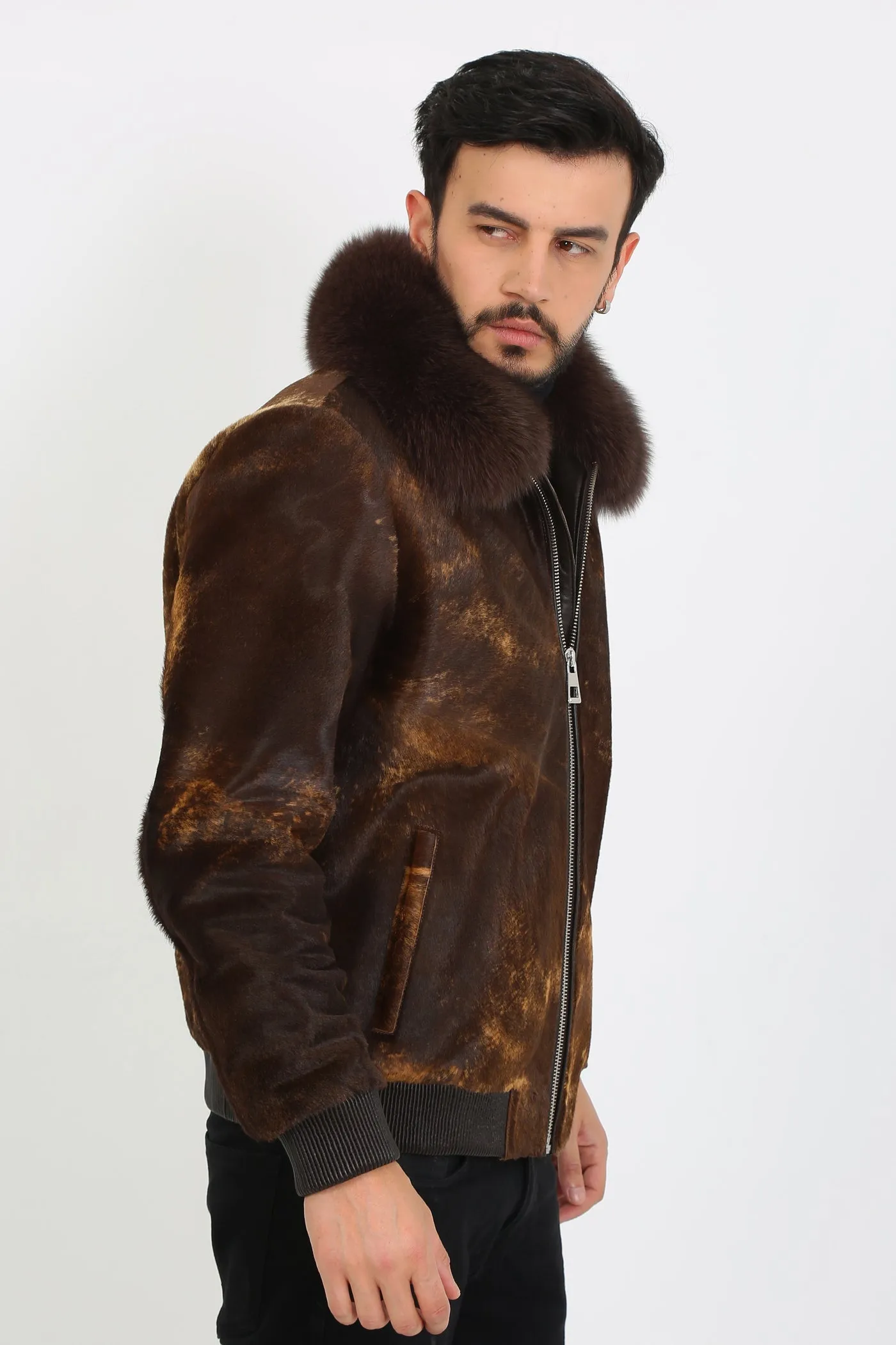 Kashani Brown Cavallino Pony Hair Bomber Jacket with Detachable Fox Fur Collar