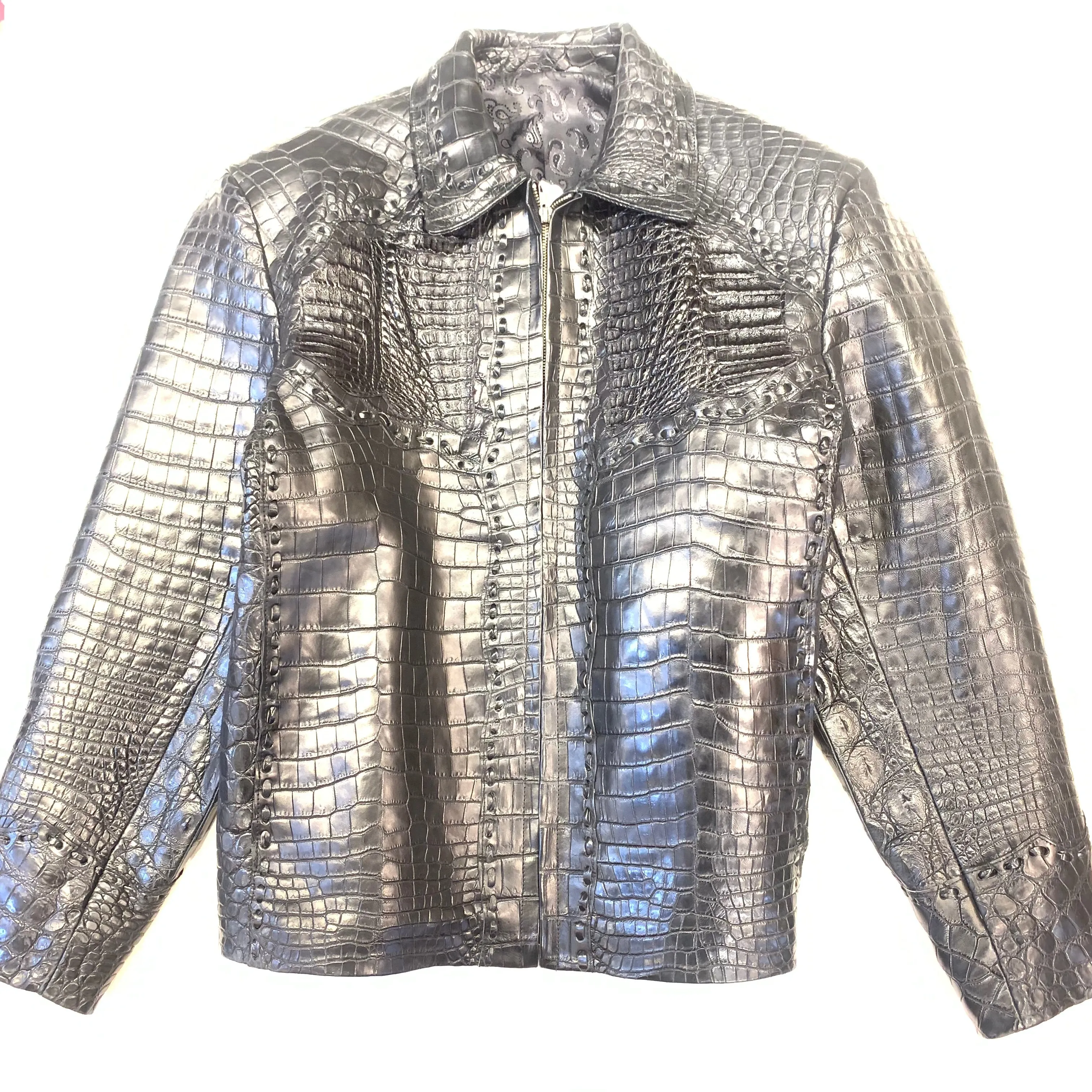 Kashani Men's Black All-Over Alligator Skin Bomber Jacket