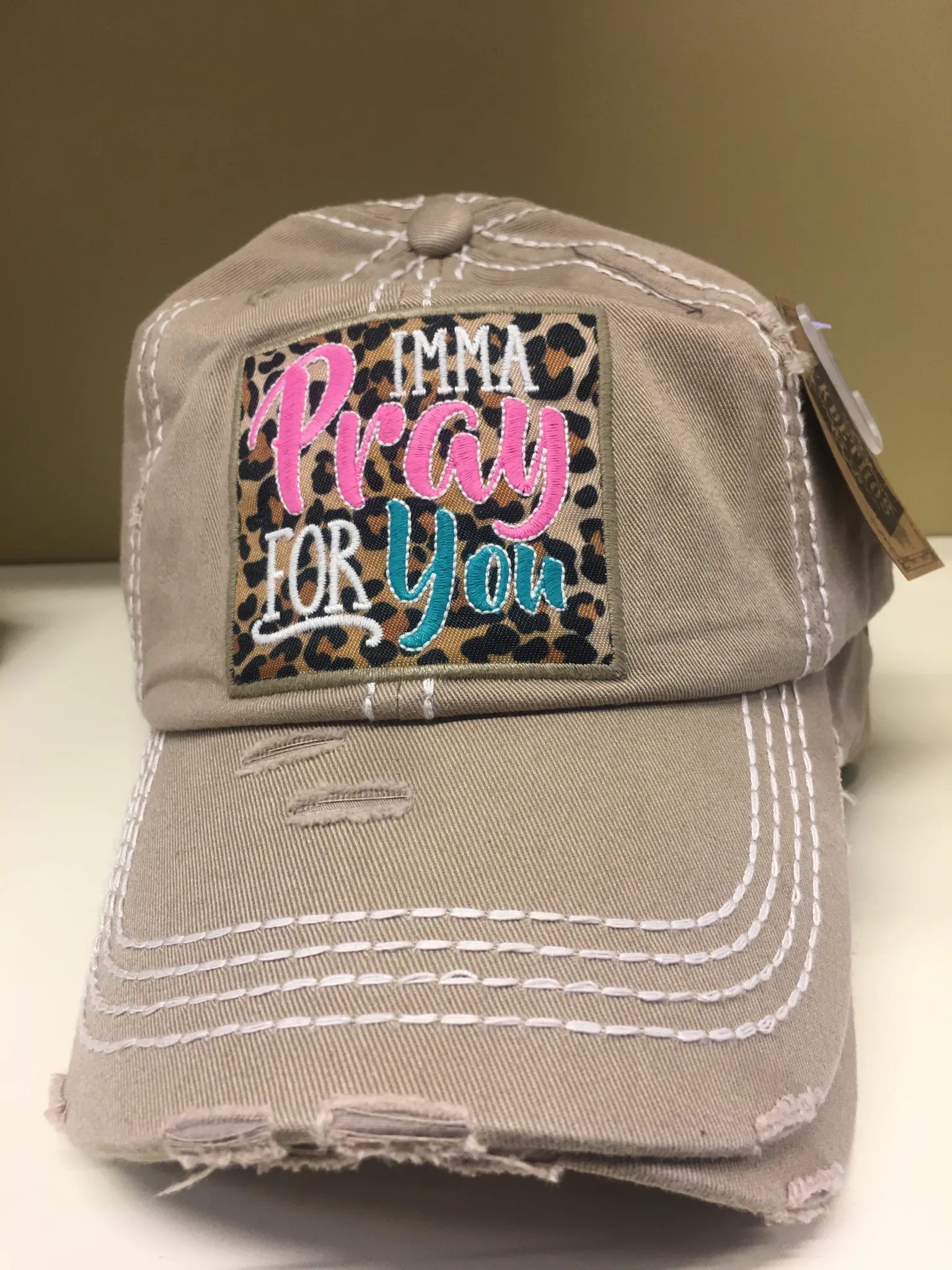 KBETHOS Vintage Distressed Tan/Leopard Imma Pray For You Hat