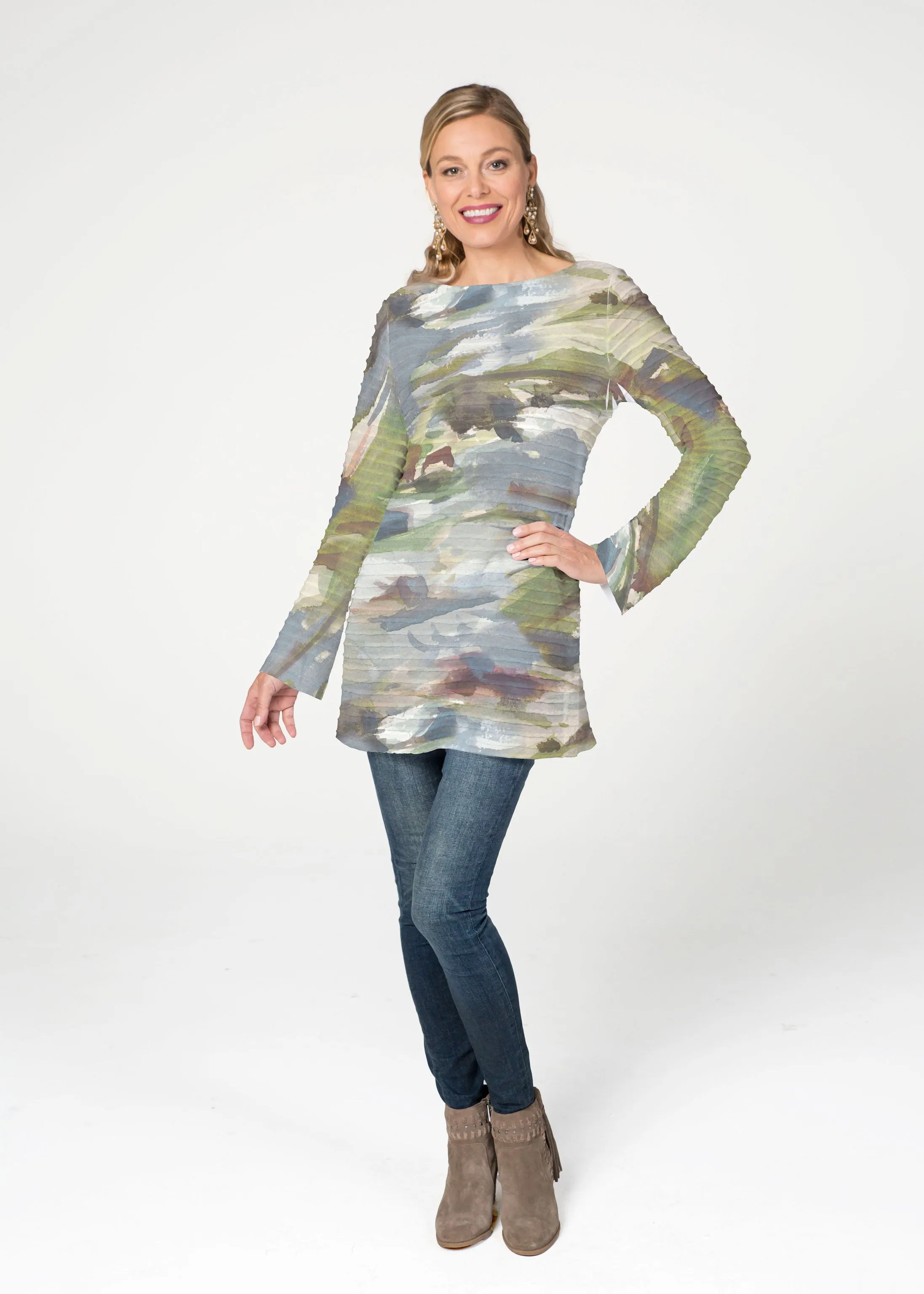 Landscape Green (15033) ~ Banded Boatneck Tunic
