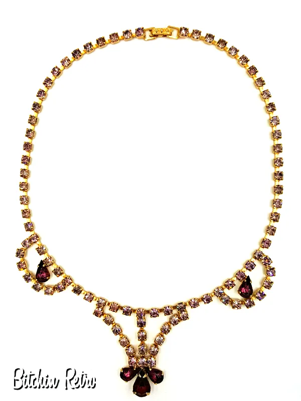 Lavender and Purple Vintage Rhinestone Necklace with Art Deco and Bridal Style