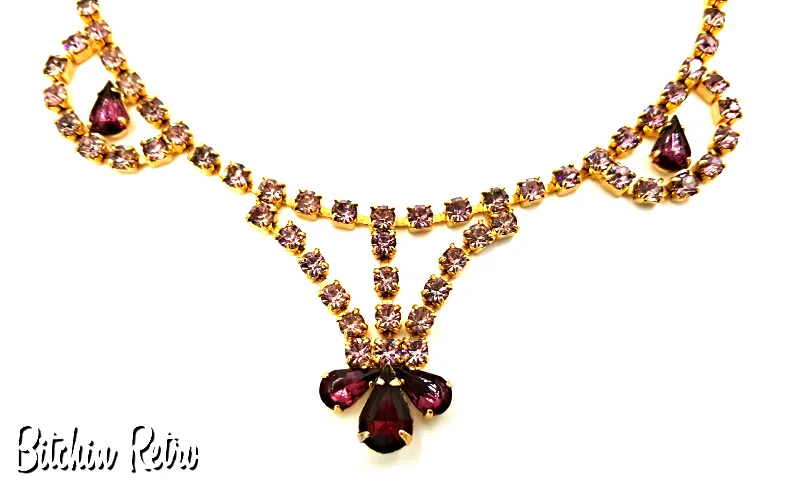Lavender and Purple Vintage Rhinestone Necklace with Art Deco and Bridal Style