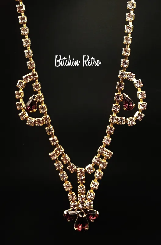 Lavender and Purple Vintage Rhinestone Necklace with Art Deco and Bridal Style