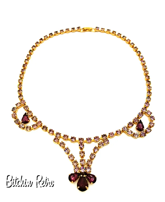 Lavender and Purple Vintage Rhinestone Necklace with Art Deco and Bridal Style