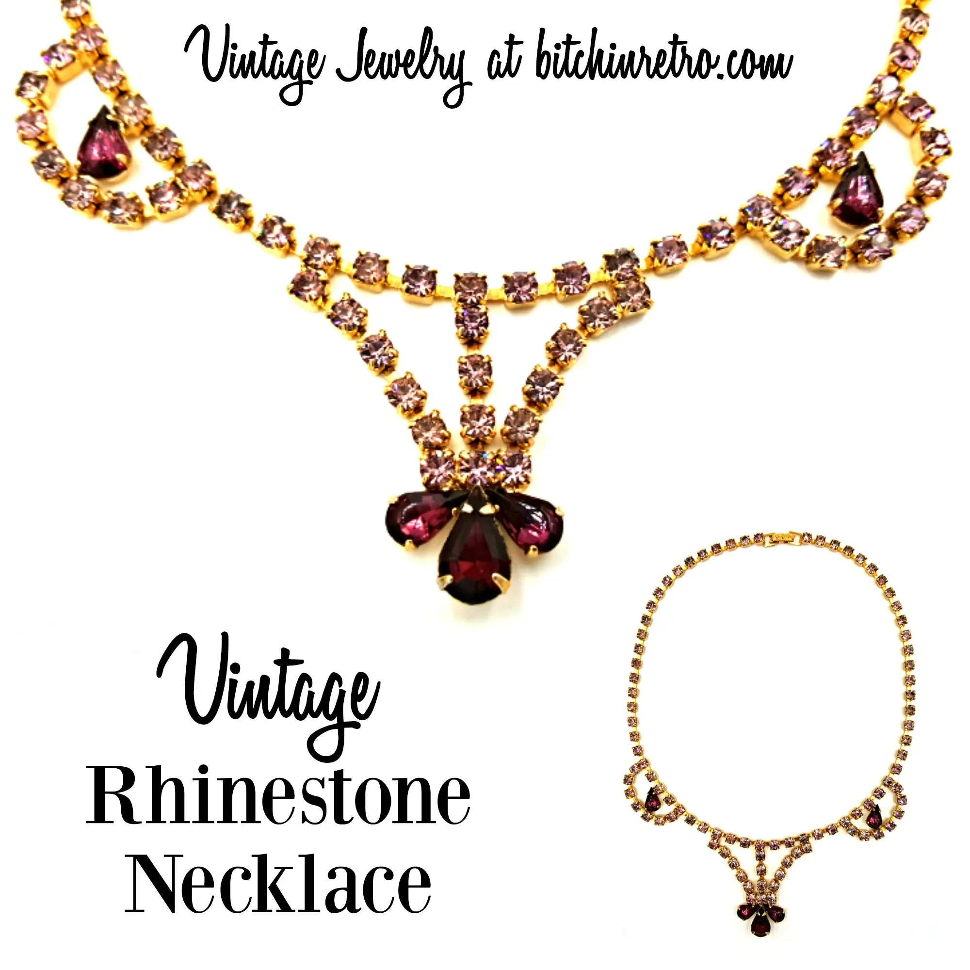 Lavender and Purple Vintage Rhinestone Necklace with Art Deco and Bridal Style