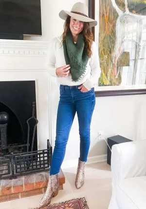 Layne Loop Scarf with Pom Pom Detail in Olive