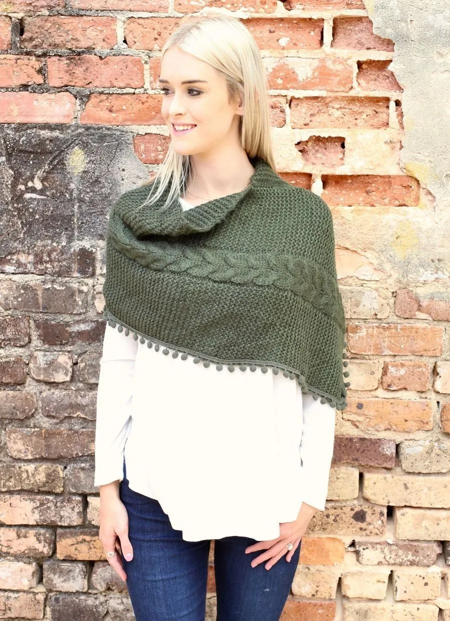 Layne Loop Scarf with Pom Pom Detail in Olive