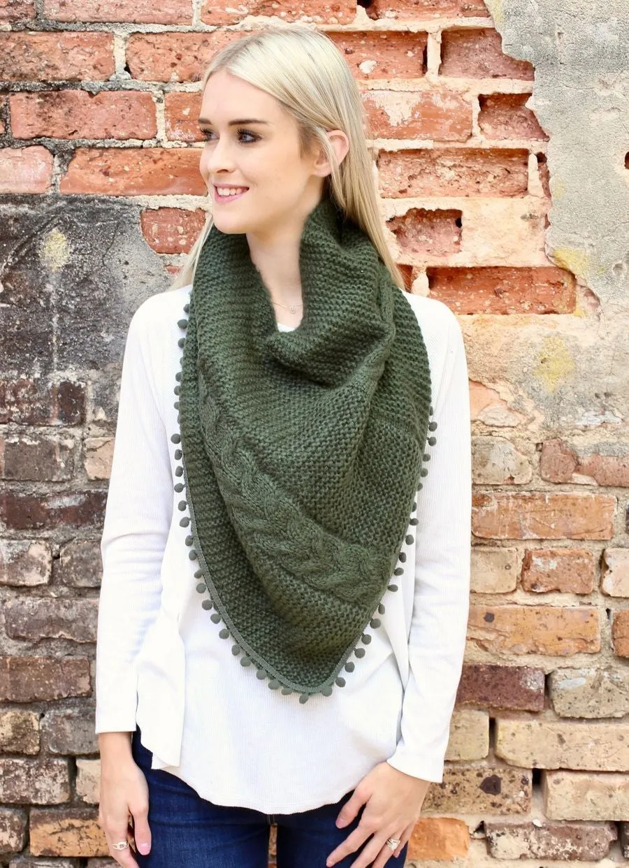 Layne Loop Scarf with Pom Pom Detail in Olive