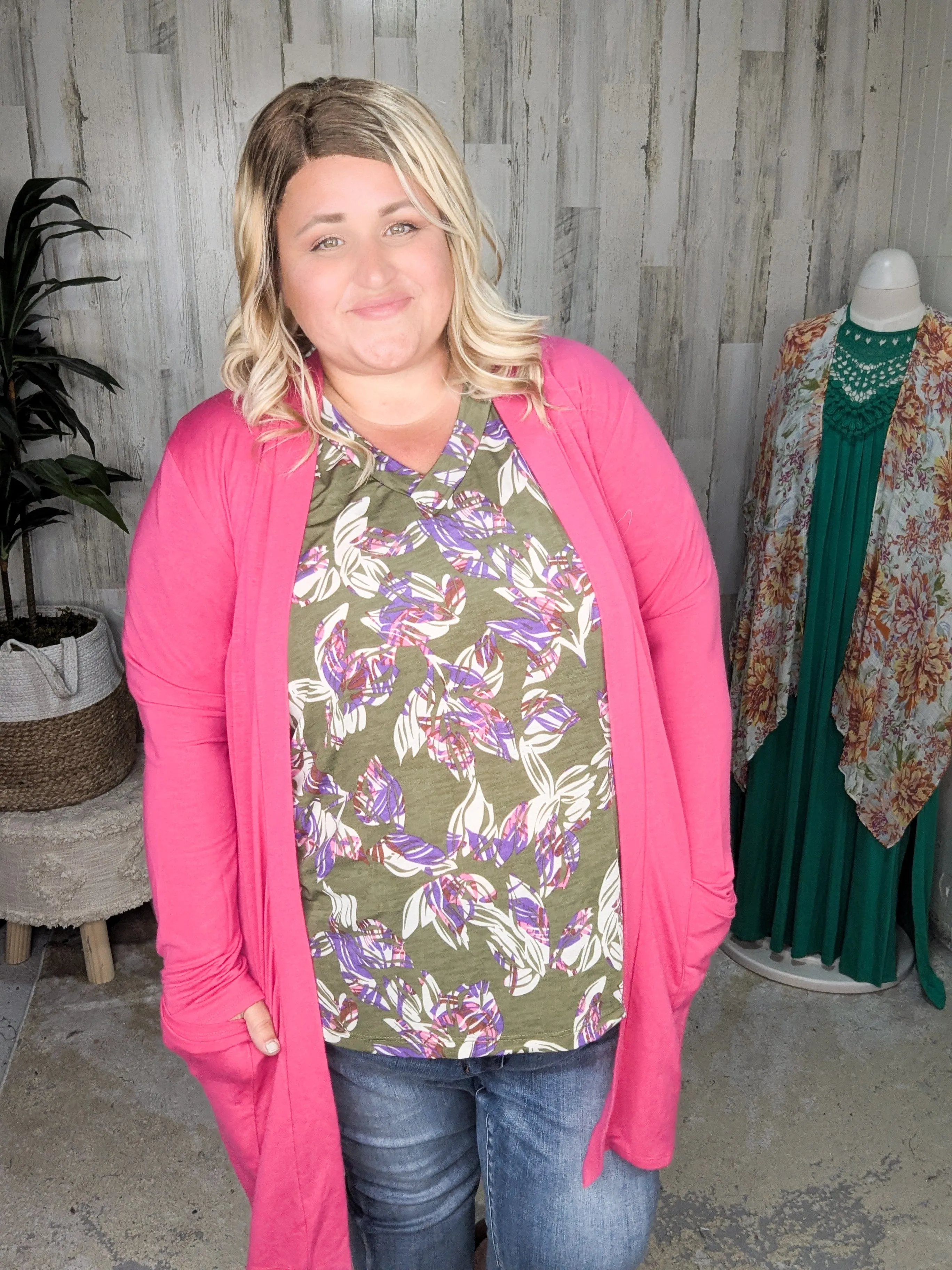 Lenora Slouchy Dolman Top in Olive, Pink   Purple Botanicals