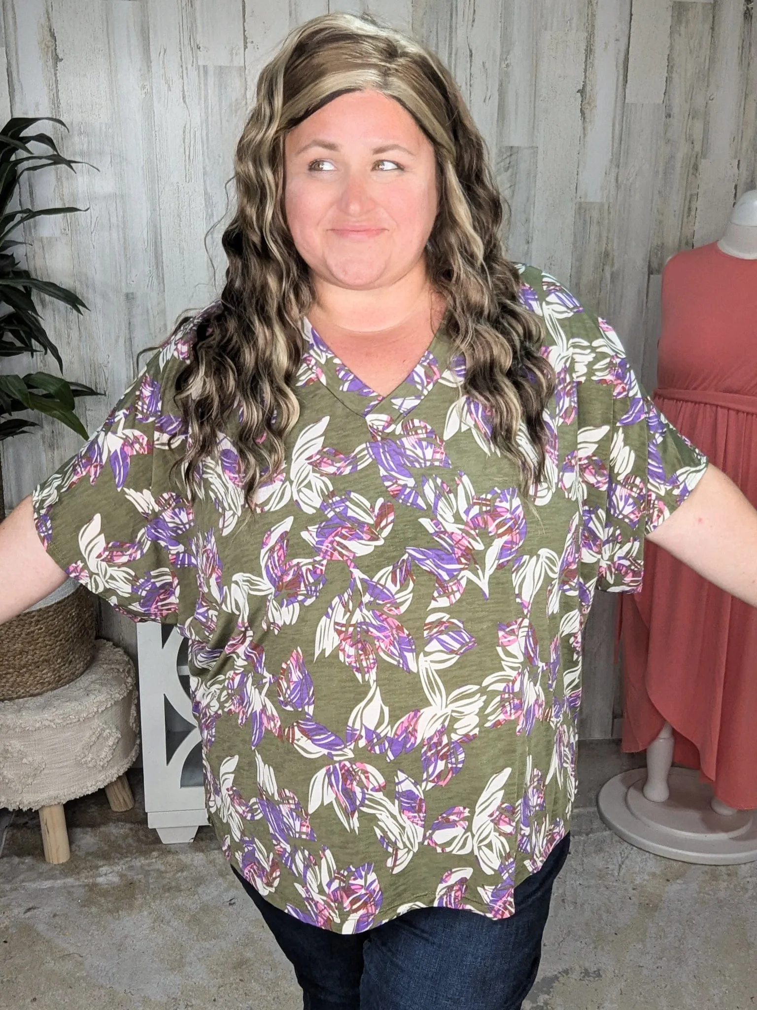 Lenora Slouchy Dolman Top in Olive, Pink   Purple Botanicals
