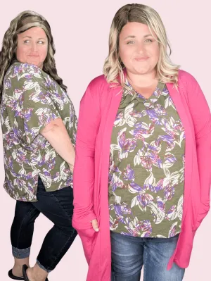 Lenora Slouchy Dolman Top in Olive, Pink   Purple Botanicals