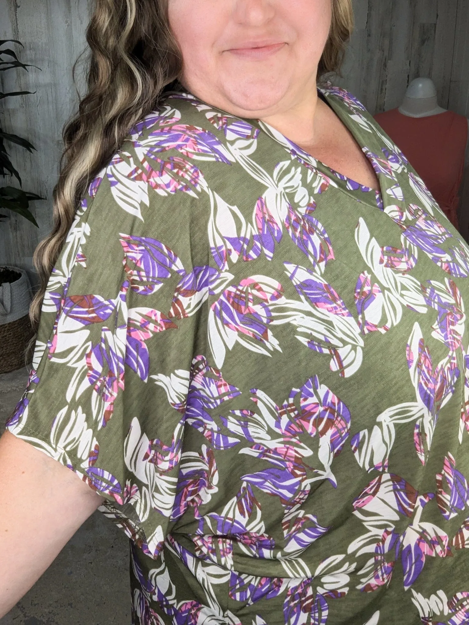 Lenora Slouchy Dolman Top in Olive, Pink   Purple Botanicals