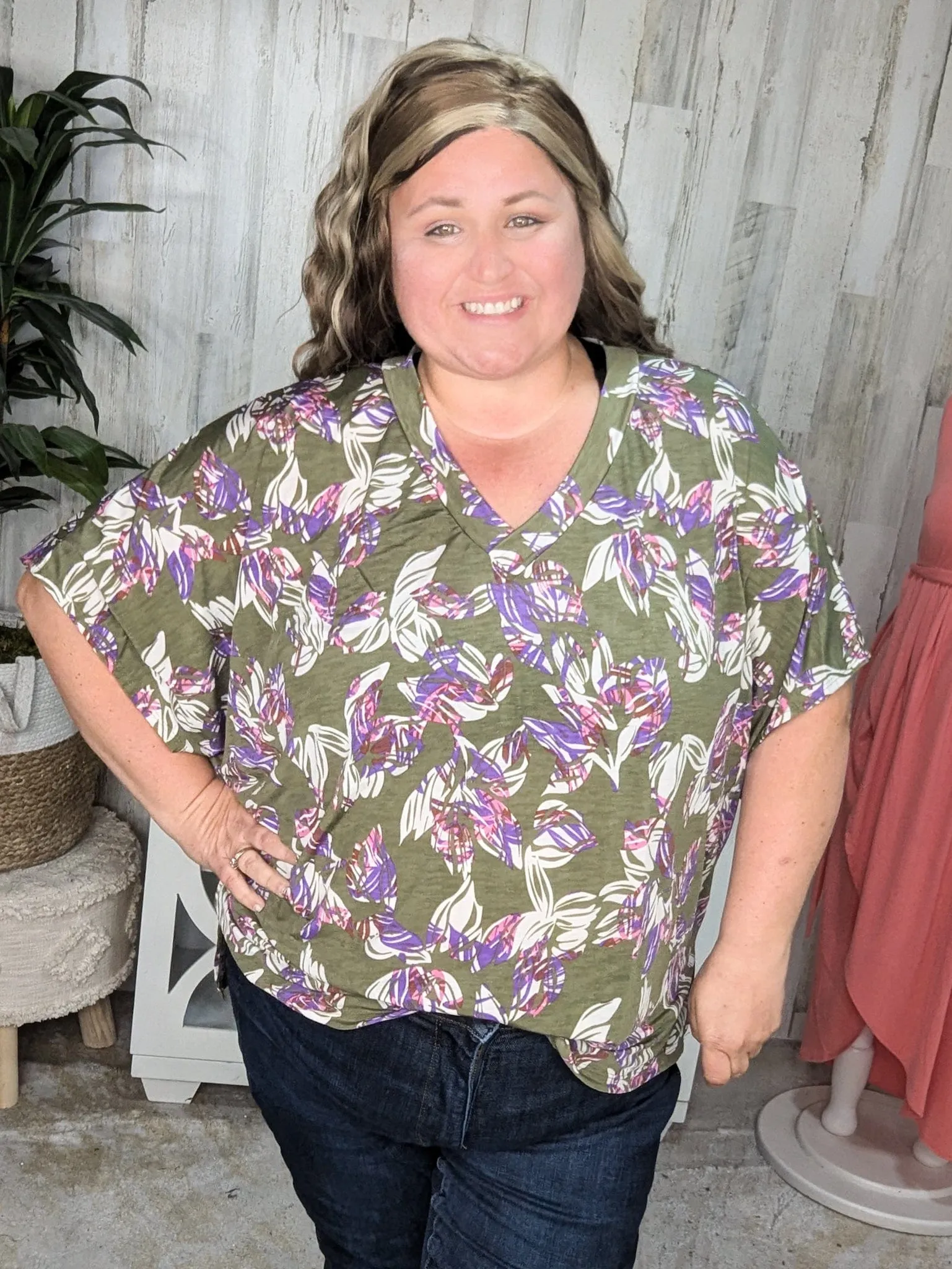 Lenora Slouchy Dolman Top in Olive, Pink   Purple Botanicals