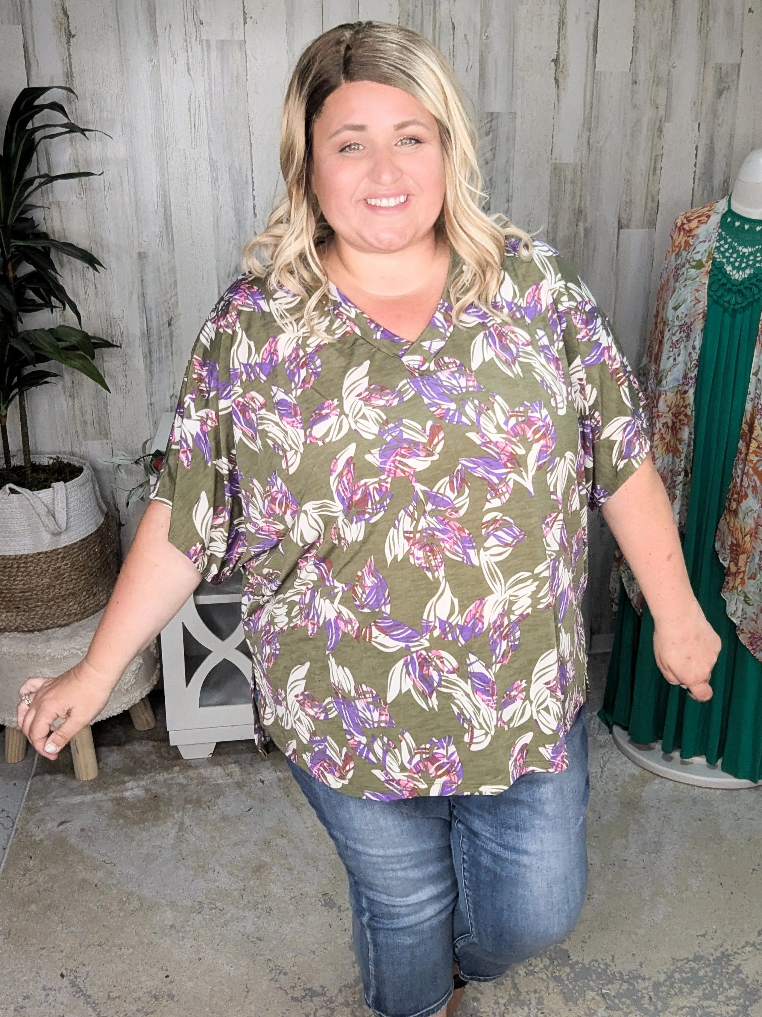Lenora Slouchy Dolman Top in Olive, Pink   Purple Botanicals