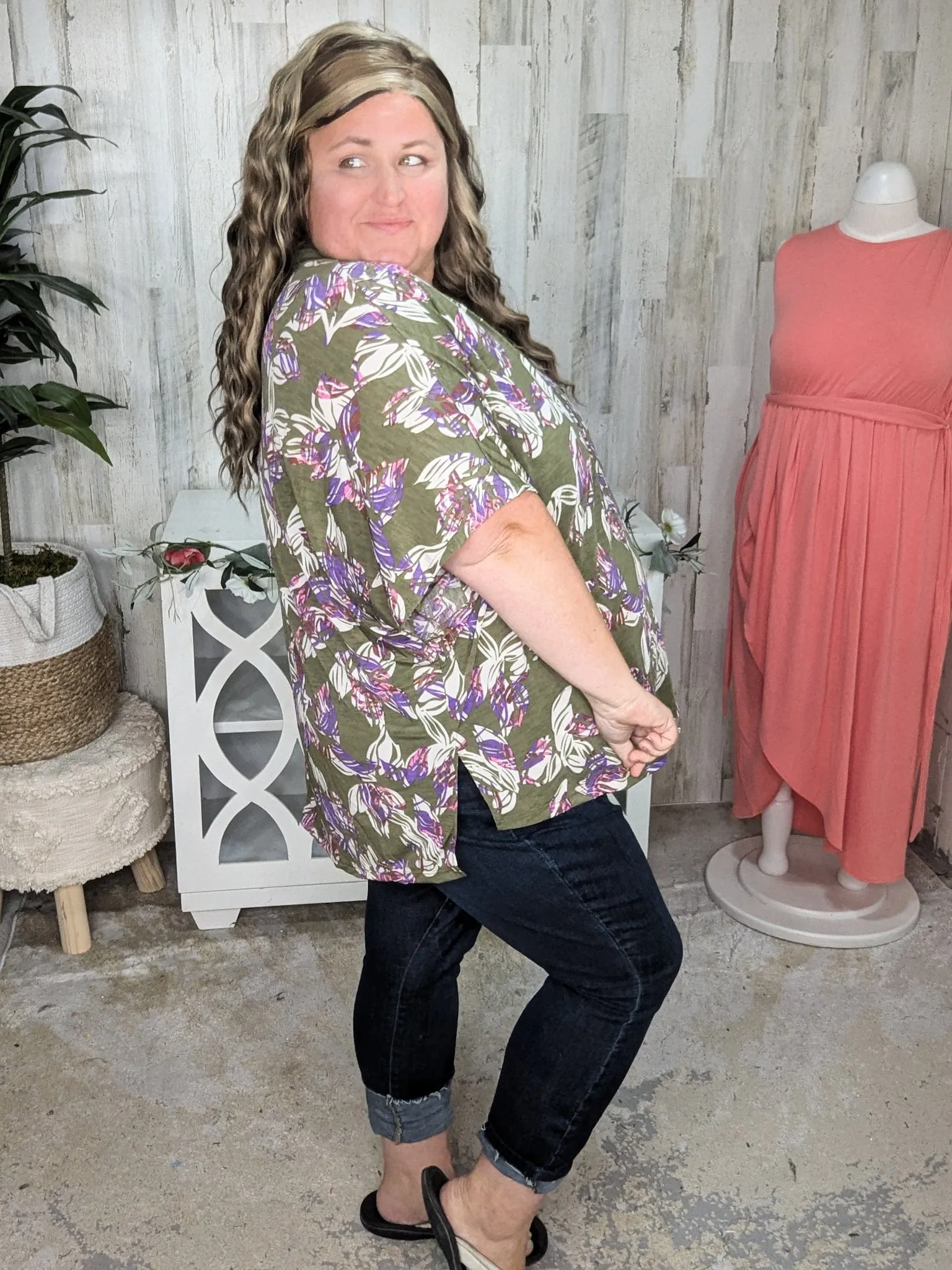 Lenora Slouchy Dolman Top in Olive, Pink   Purple Botanicals