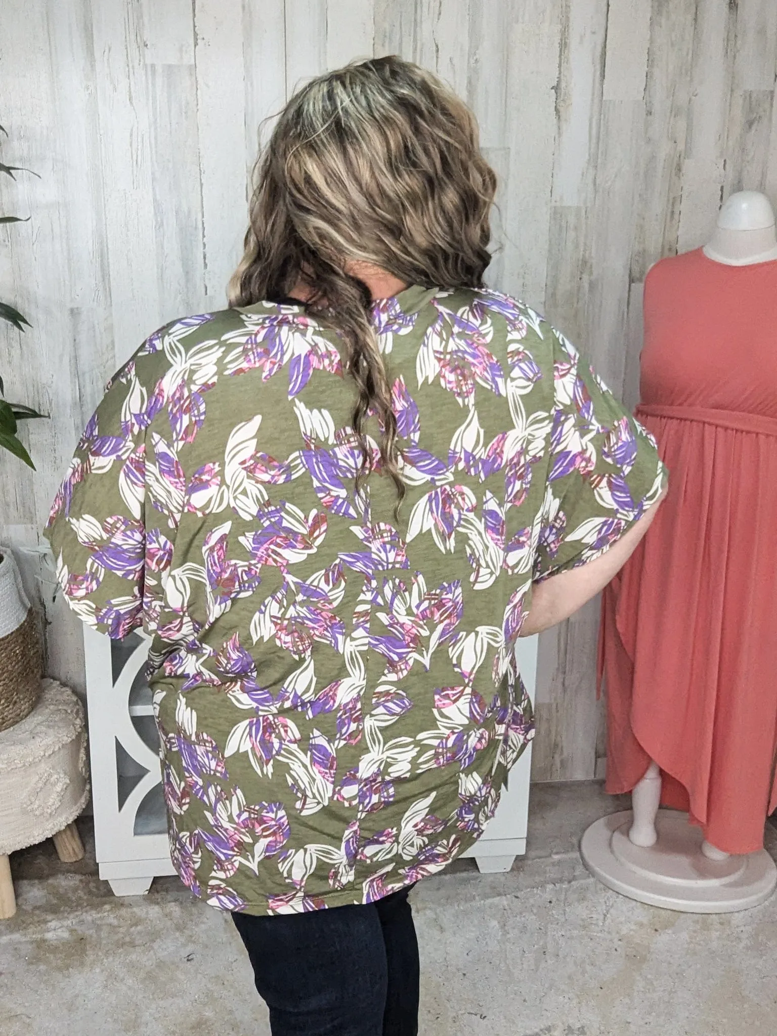 Lenora Slouchy Dolman Top in Olive, Pink   Purple Botanicals