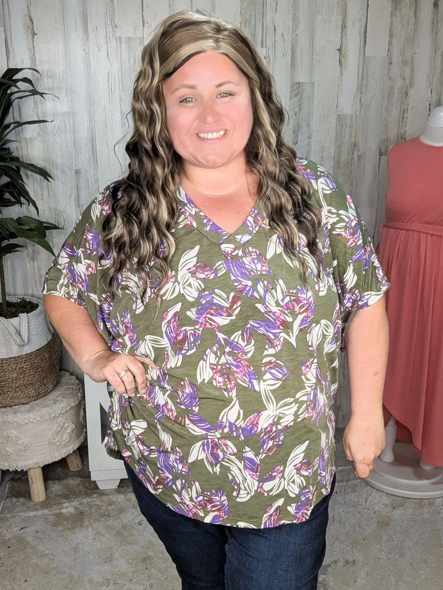 Lenora Slouchy Dolman Top in Olive, Pink   Purple Botanicals