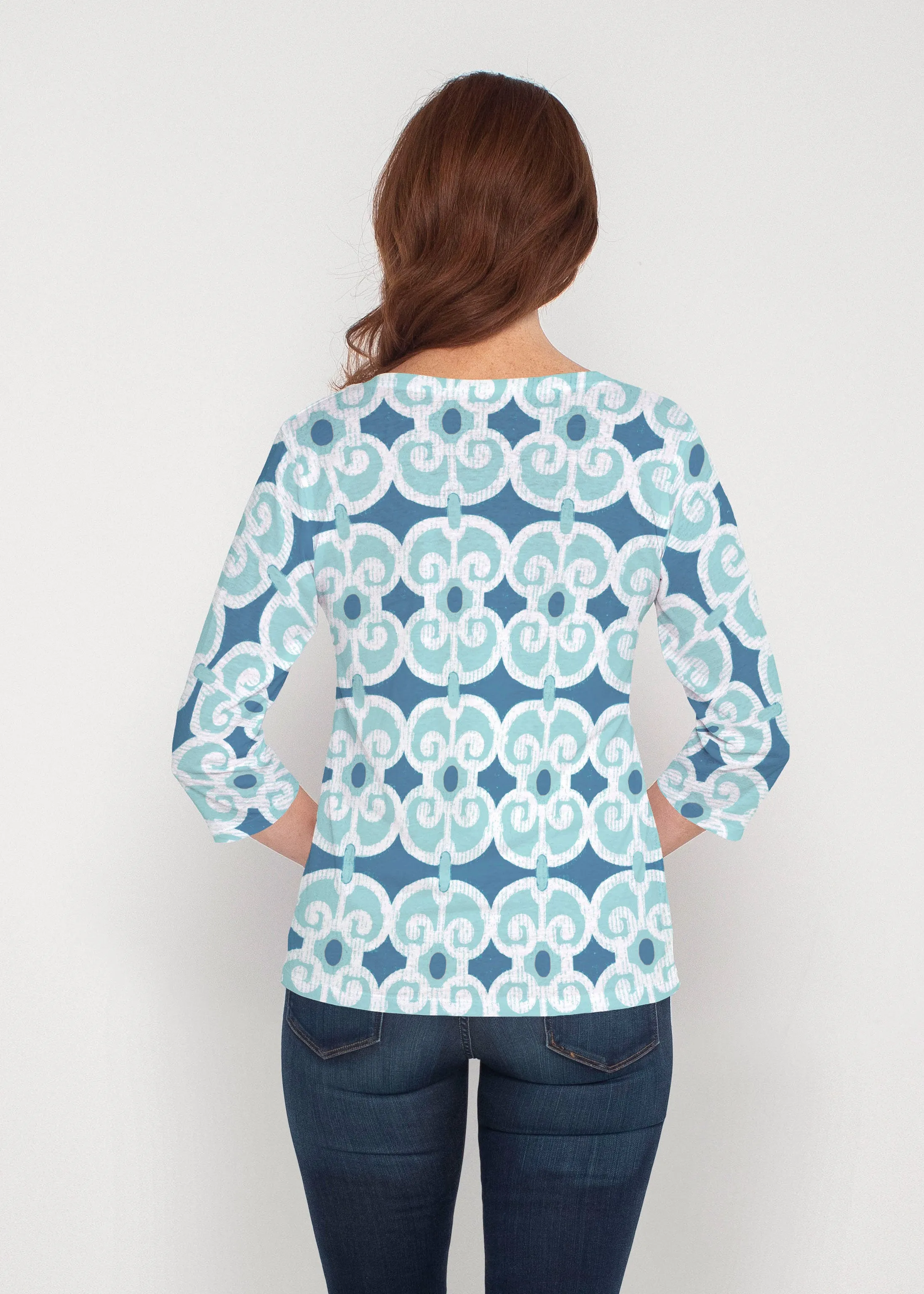 Links Navy Aqua (8133) ~ Signature 3/4 Sleeve V-Neck Top