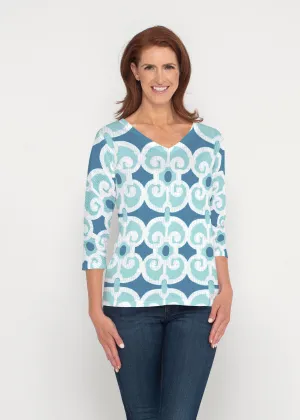 Links Navy Aqua (8133) ~ Signature 3/4 Sleeve V-Neck Top