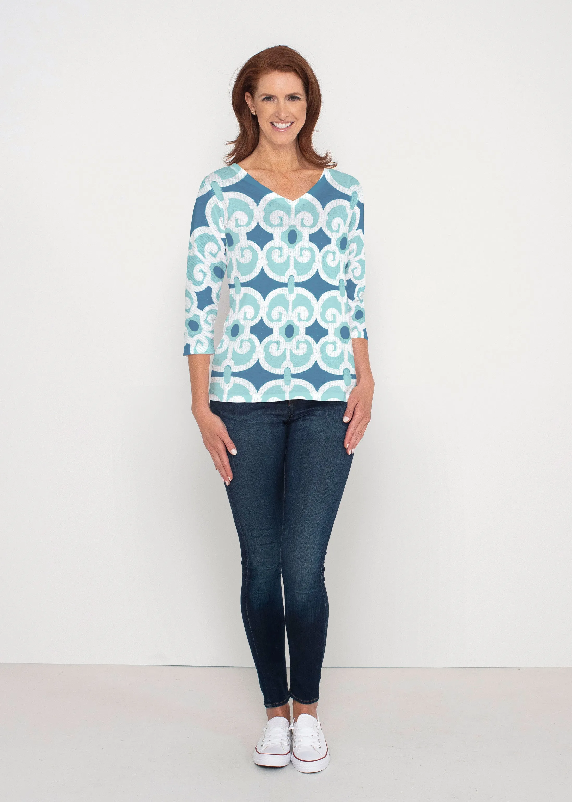 Links Navy Aqua (8133) ~ Signature 3/4 Sleeve V-Neck Top