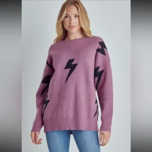 Mauve Crew Neck Sweater with Black Lightning Bolt Design