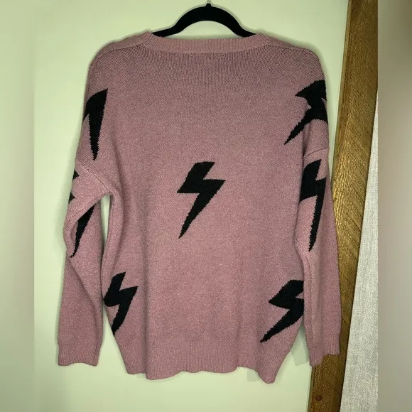 Mauve Crew Neck Sweater with Black Lightning Bolt Design