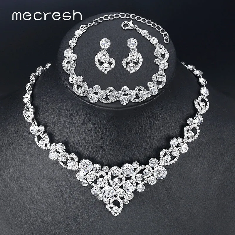 Mecresh Heart Crystal Silver Color Wedding Jewelry Necklace Sets