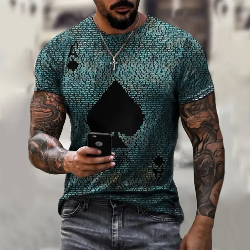 Men’s Fashion Casual 3D Poker Print Plus Size T-Shirt