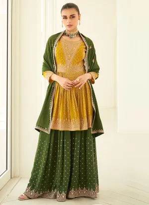 Mesmerizing Yellow and Green Embroidered Sharara Suit