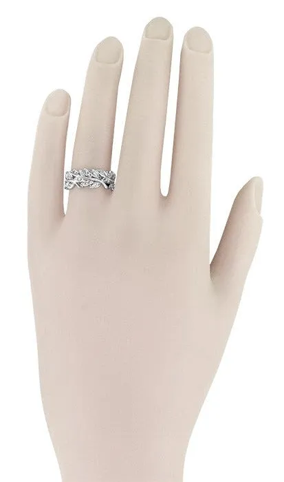 Mid Century Modern Leaf Spray Sculptural Diamonds Wide Wedding Ring in 14 Karat White Gold