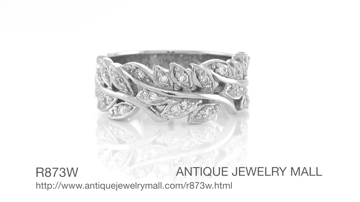 Mid Century Modern Leaf Spray Sculptural Diamonds Wide Wedding Ring in 14 Karat White Gold