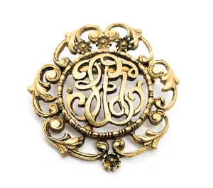 Monogram EET vintage gold toned flower roccoco style brooch
