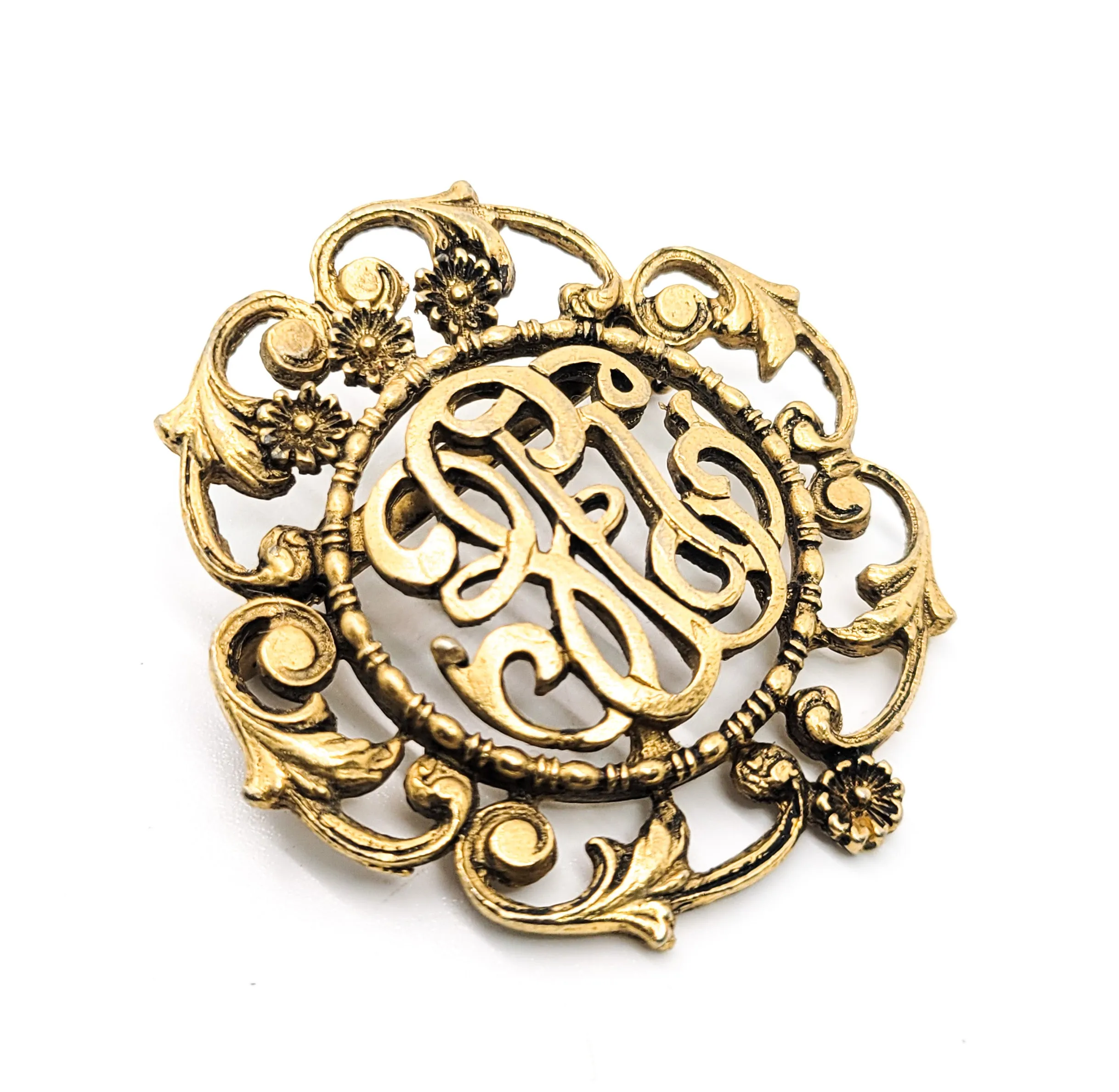 Monogram EET vintage gold toned flower roccoco style brooch