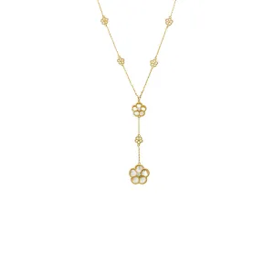 Multi CZ Pave Outlined Colored Flower Stone Lariat Necklace