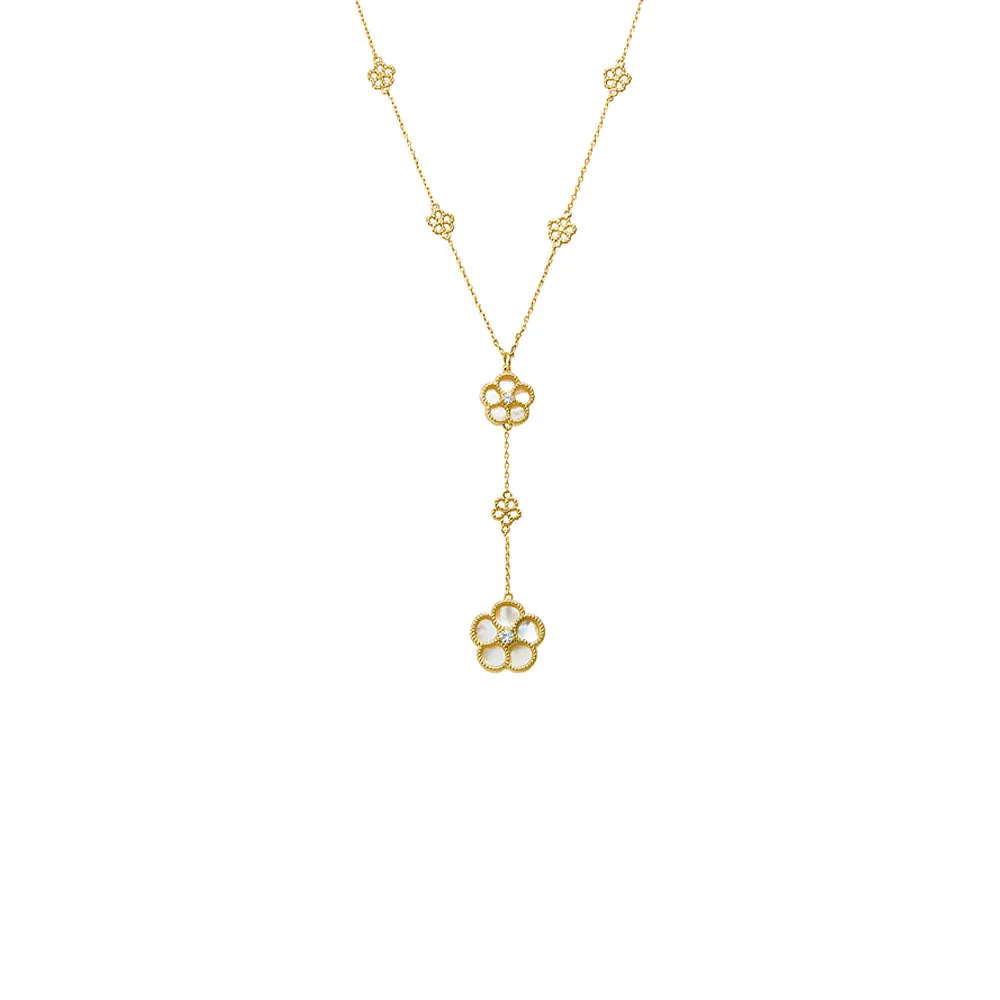 Multi CZ Pave Outlined Colored Flower Stone Lariat Necklace