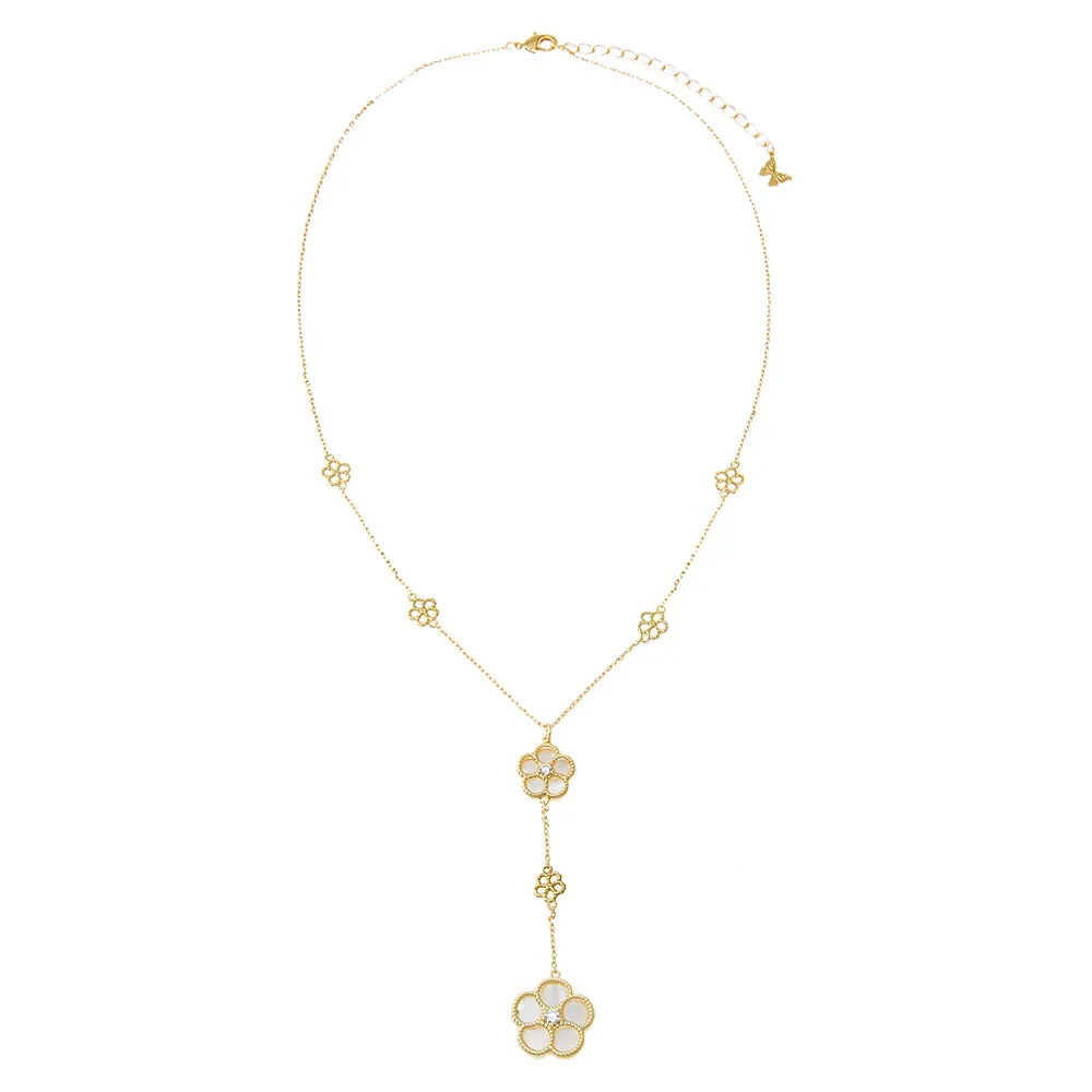 Multi CZ Pave Outlined Colored Flower Stone Lariat Necklace