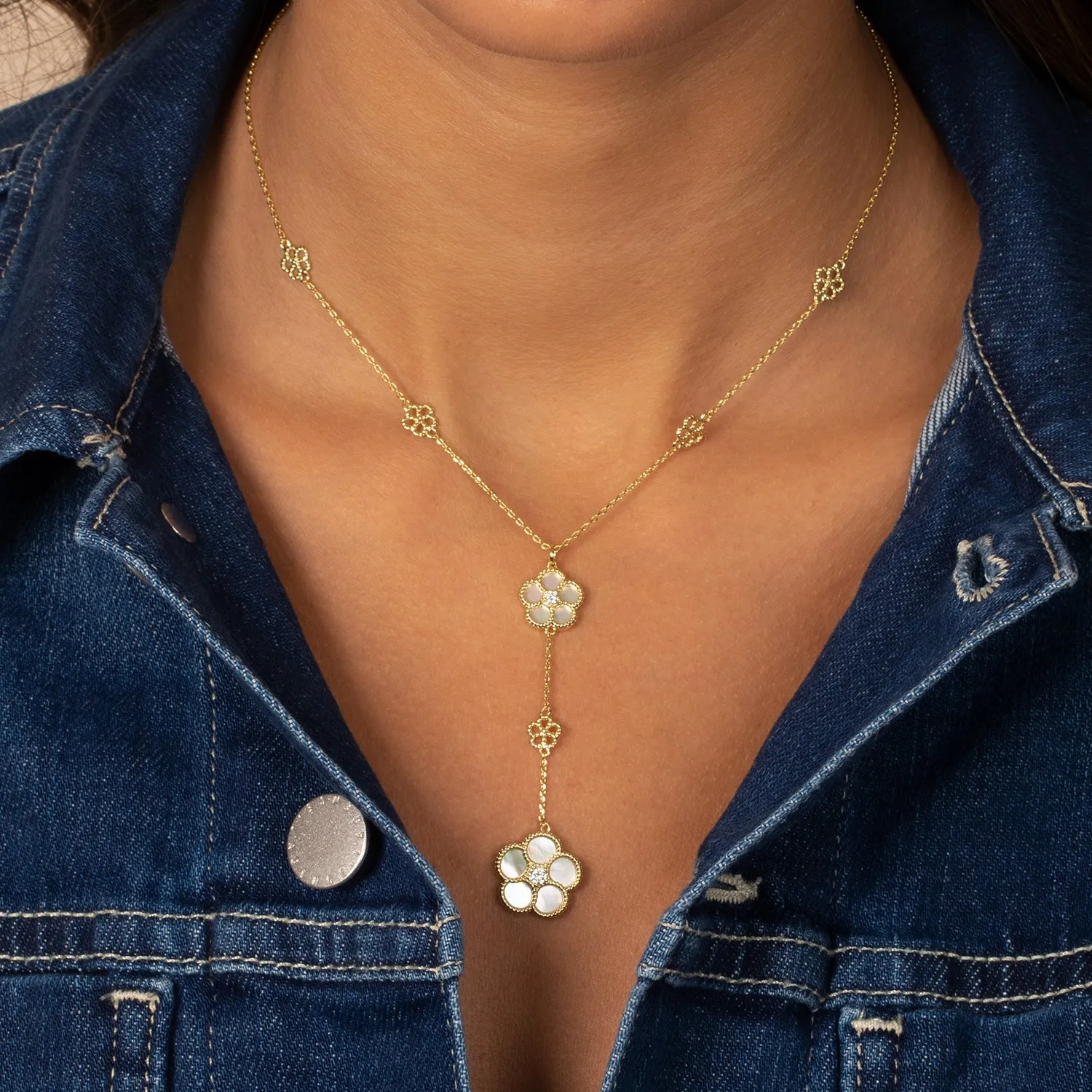 Multi CZ Pave Outlined Colored Flower Stone Lariat Necklace