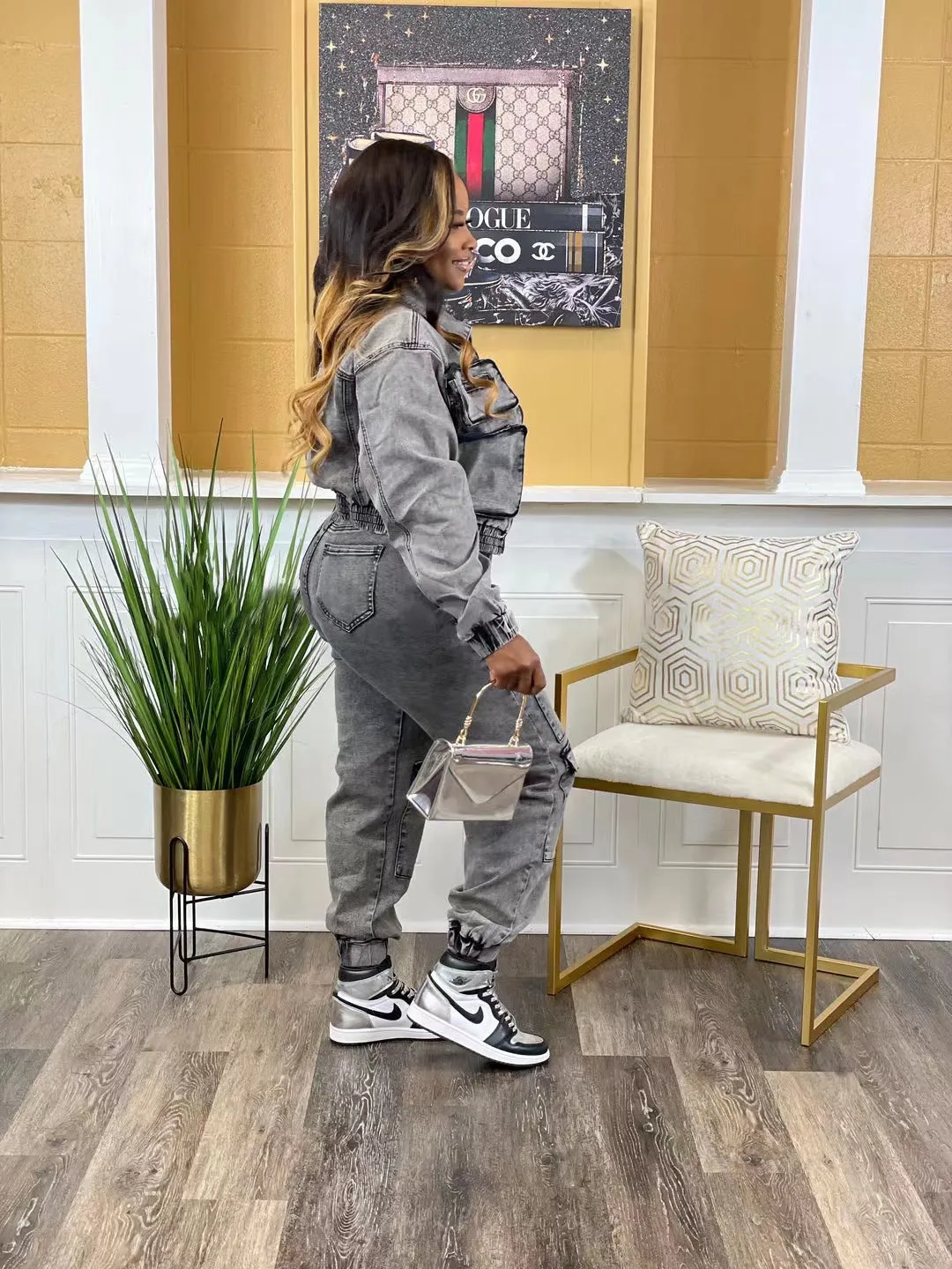 Multi Pocket Washed Denim Set