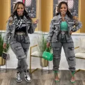 Multi Pocket Washed Denim Set