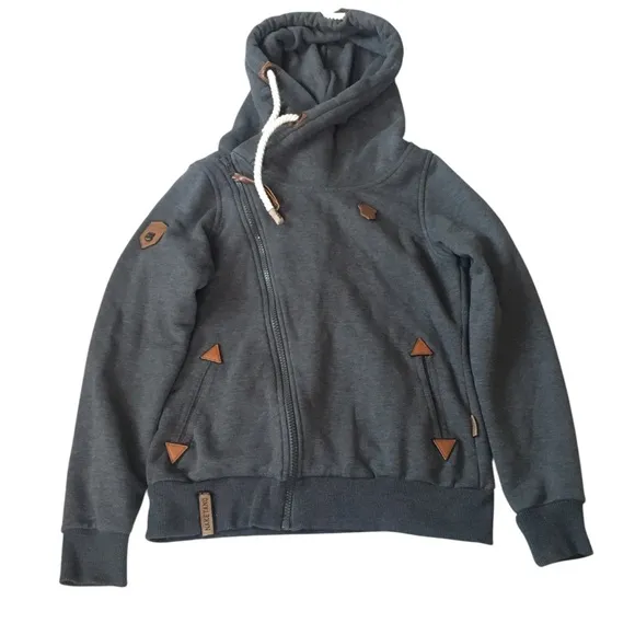 Naketano Cozy Dark Gray Asymmetrical Zip Hoodie with Rope Drawstrings Jacket M