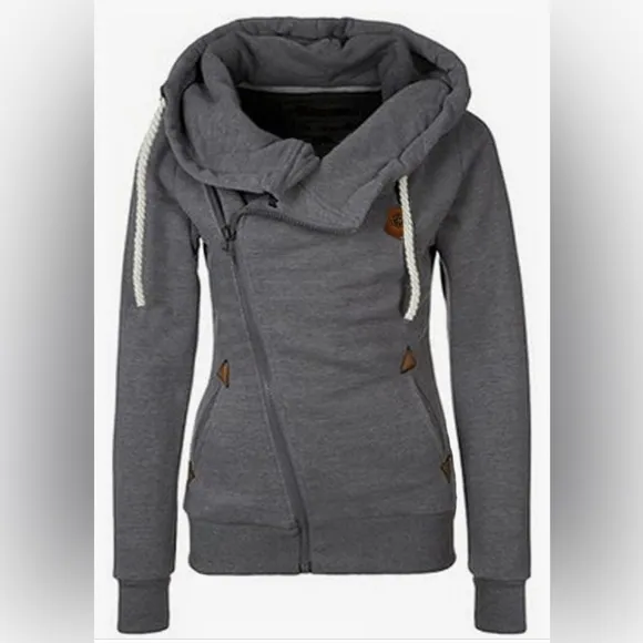 Naketano Cozy Dark Gray Asymmetrical Zip Hoodie with Rope Drawstrings Jacket M