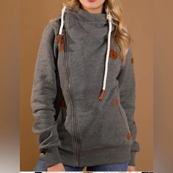 Naketano Cozy Dark Gray Asymmetrical Zip Hoodie with Rope Drawstrings Jacket M