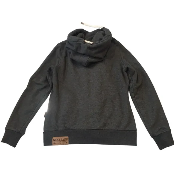 Naketano Cozy Dark Gray Asymmetrical Zip Hoodie with Rope Drawstrings Jacket M