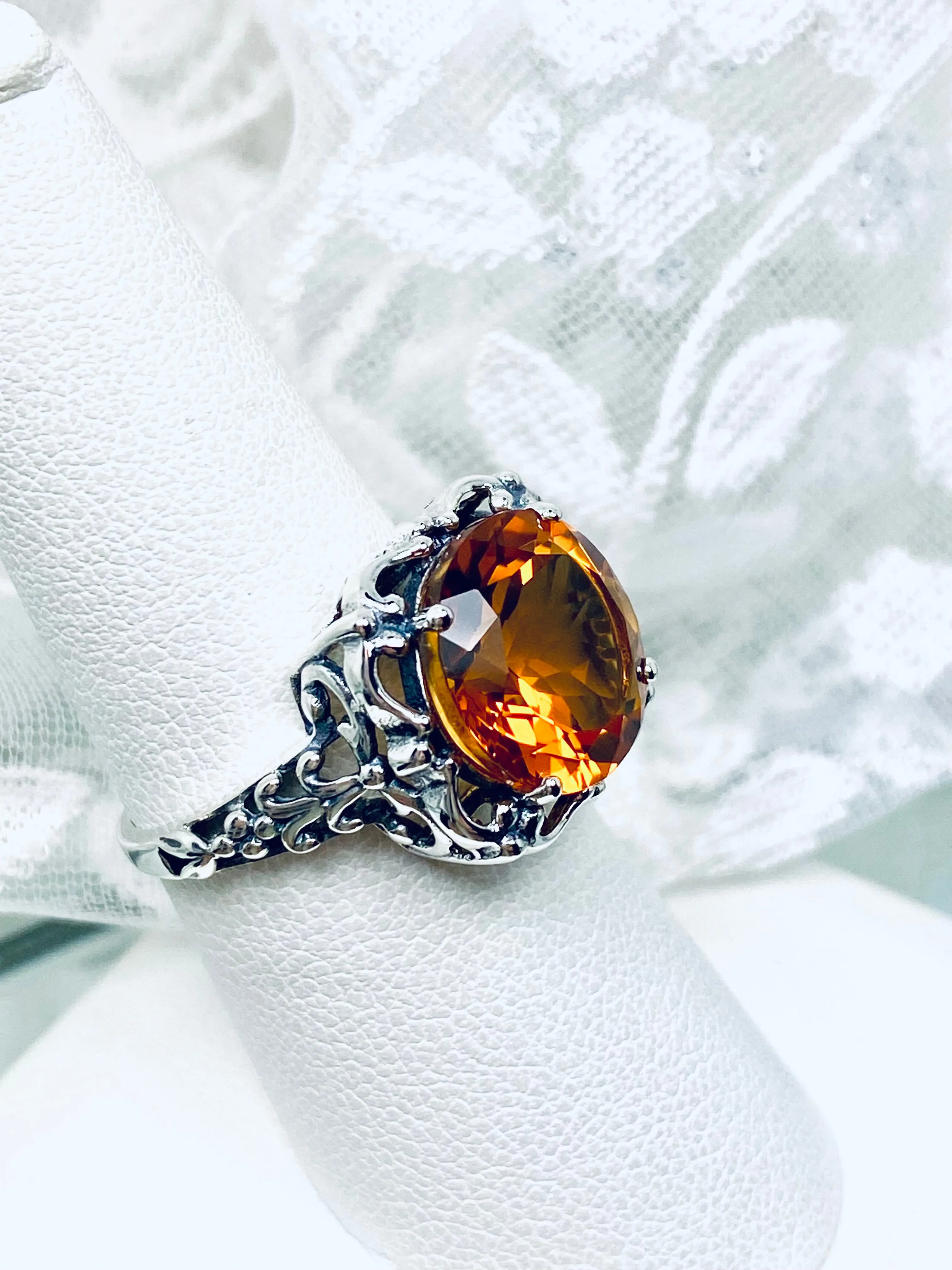 Natural Citrine Ring, Madeira Orange Gemstone Victorian Style #D103