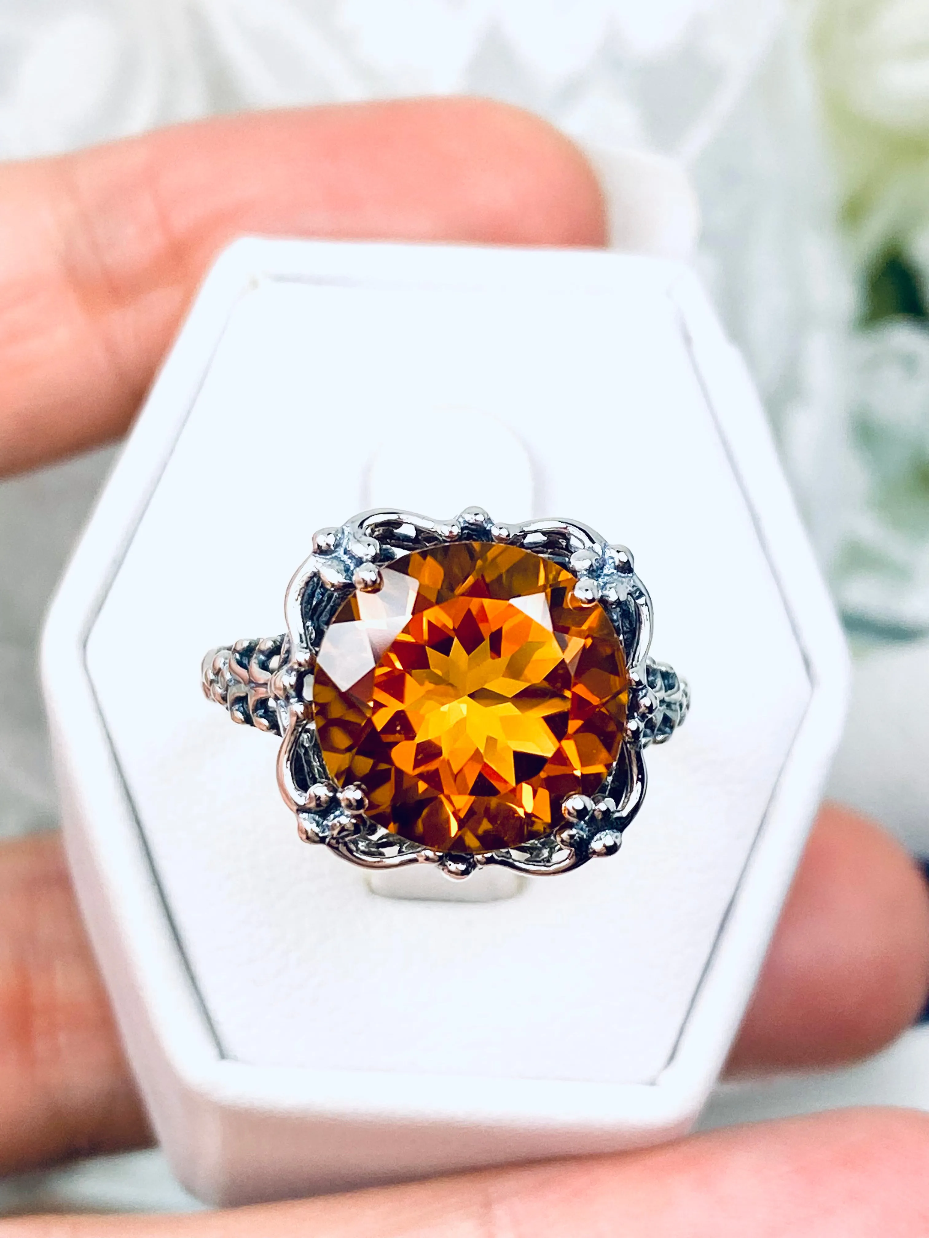Natural Citrine Ring, Madeira Orange Gemstone Victorian Style #D103
