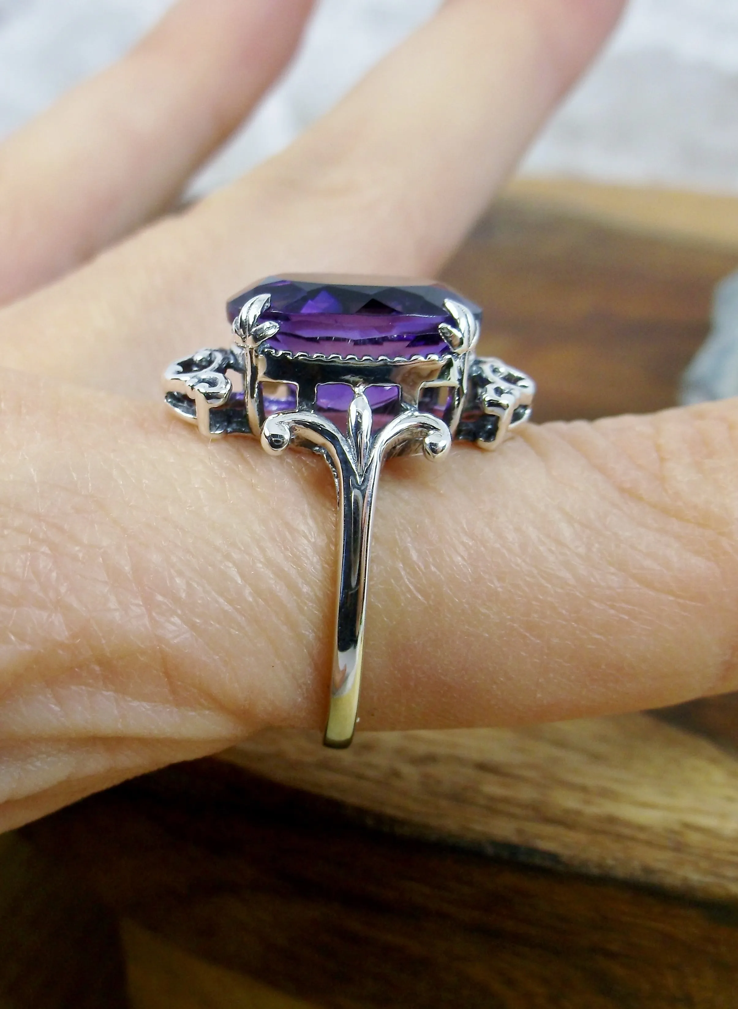 Natural Purple Amethyst Ring, Sterling Silver Filigree, Gothic Jewelry, #D84