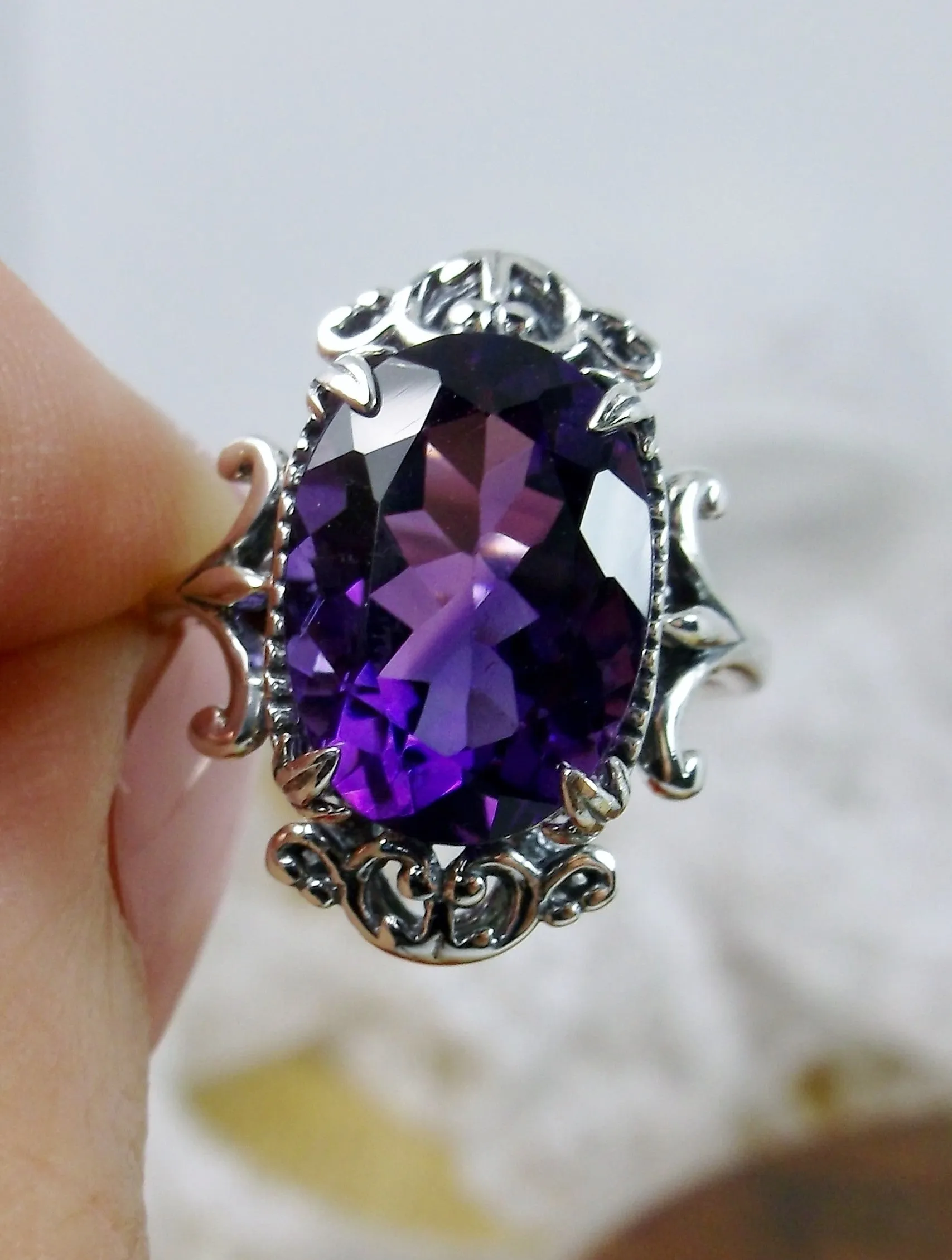 Natural Purple Amethyst Ring, Sterling Silver Filigree, Gothic Jewelry, #D84