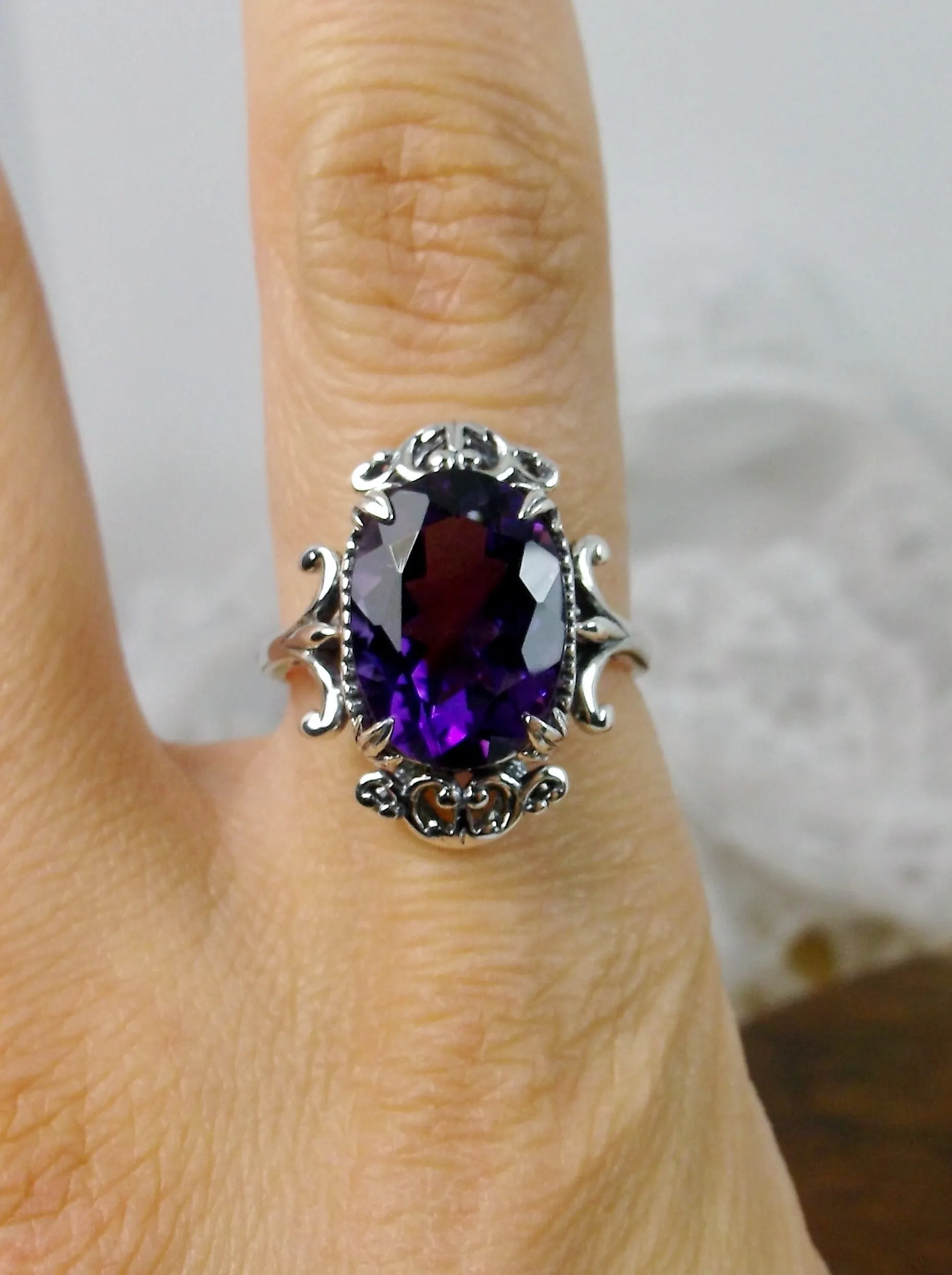 Natural Purple Amethyst Ring, Sterling Silver Filigree, Gothic Jewelry, #D84