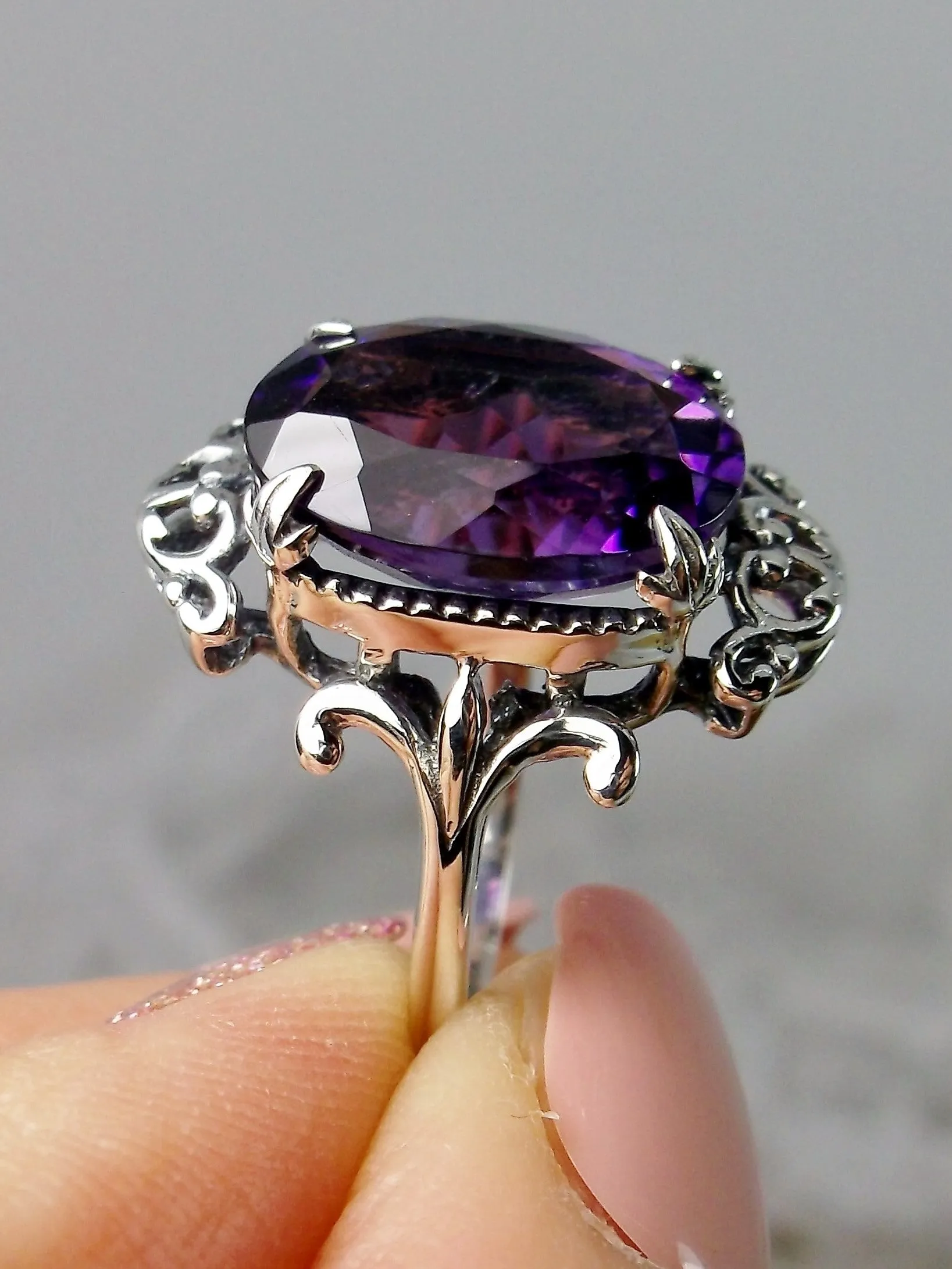 Natural Purple Amethyst Ring, Sterling Silver Filigree, Gothic Jewelry, #D84