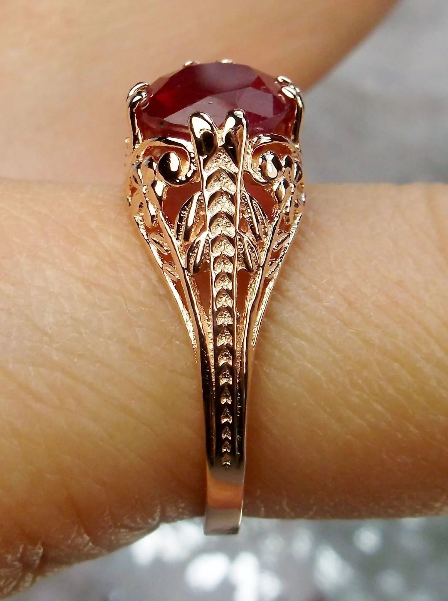 Natural Ruby Ring, Rose Gold plated Sterling Silver, Deco 2Fleur, Victorian Revival Jewelry #D159
